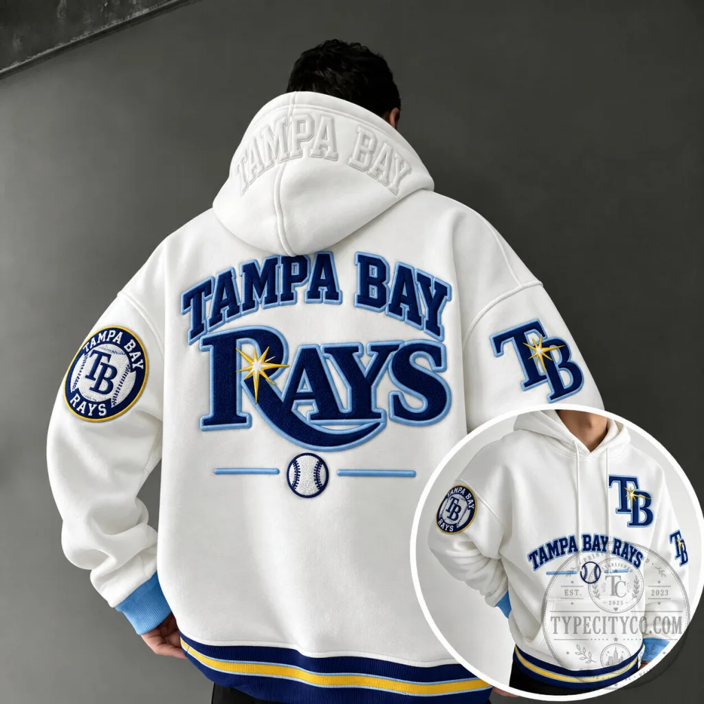 White Hoodie with Embroidered Logo of the Tampa Bay Rays Baseball Team White Hoodie with Embroidered Logo of the Tampa Bay Rays Baseball Team