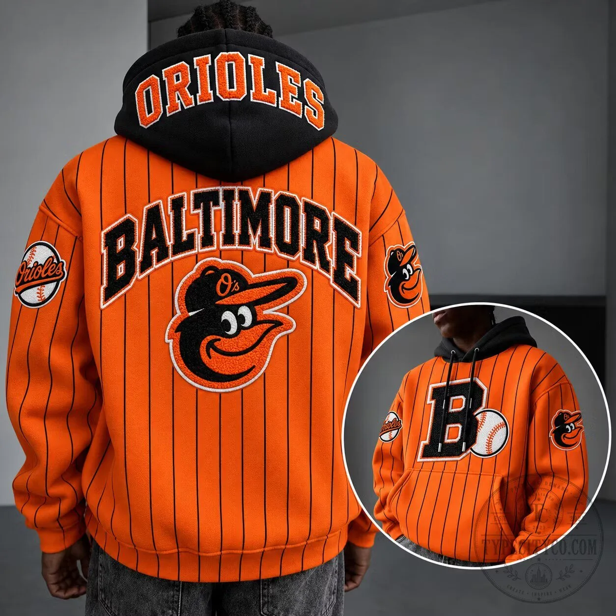 Baltimore Orioles Baseball Pinstripe Orange and Black Oversized Hoodie