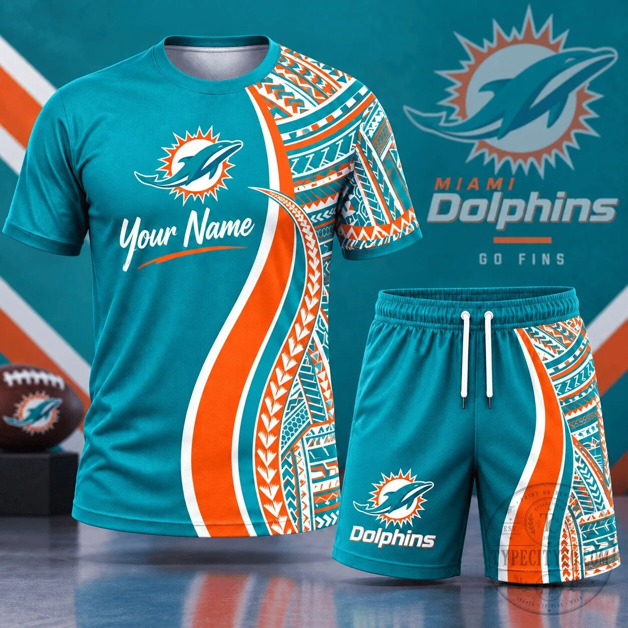 Miami Dolphins NFL Football Custom Name Tribal Graphic T-Shirt and Shorts Set