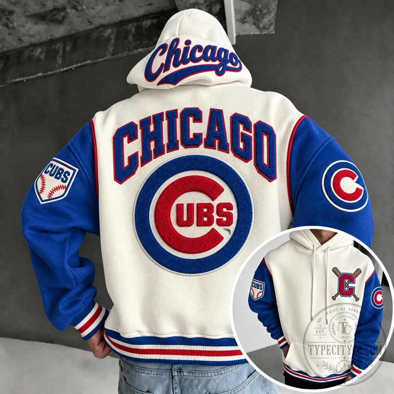 Chicago Cubs Baseball Team Logo White and Blue Varsity Style Hoodie