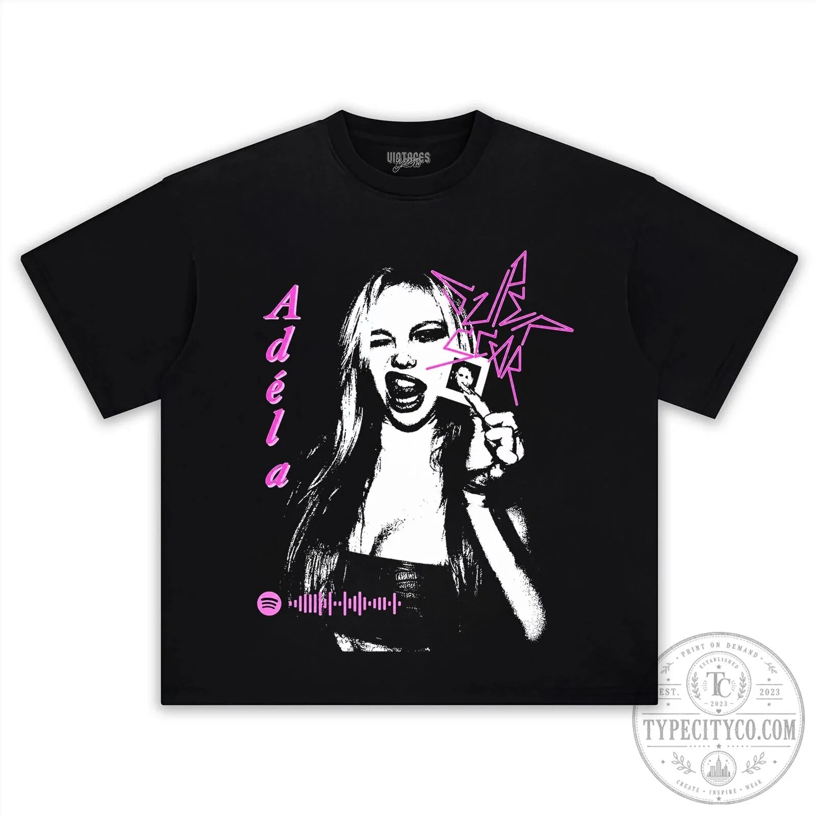 Adéla Supercar Black and Pink Graphic Print Short Sleeve T-Shirt