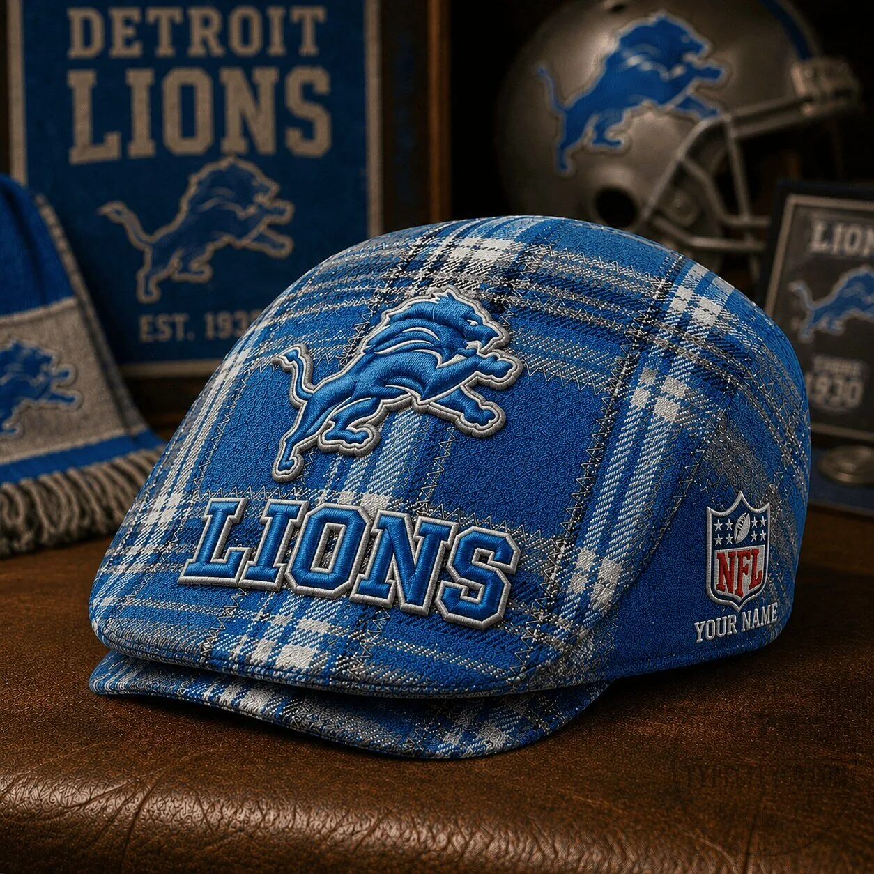 Detroit Lions Fan Plaid Flat Cap, National Football League Team Logo Cap Hat