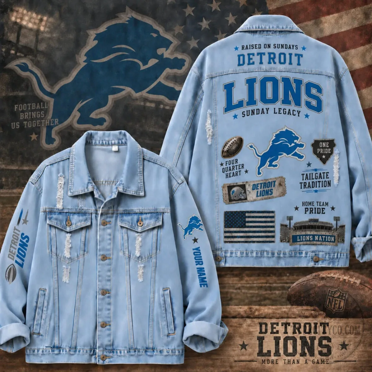 Detroit Lions Fan Personalized Sunday Legacy Patchwork Football Denim Jacket