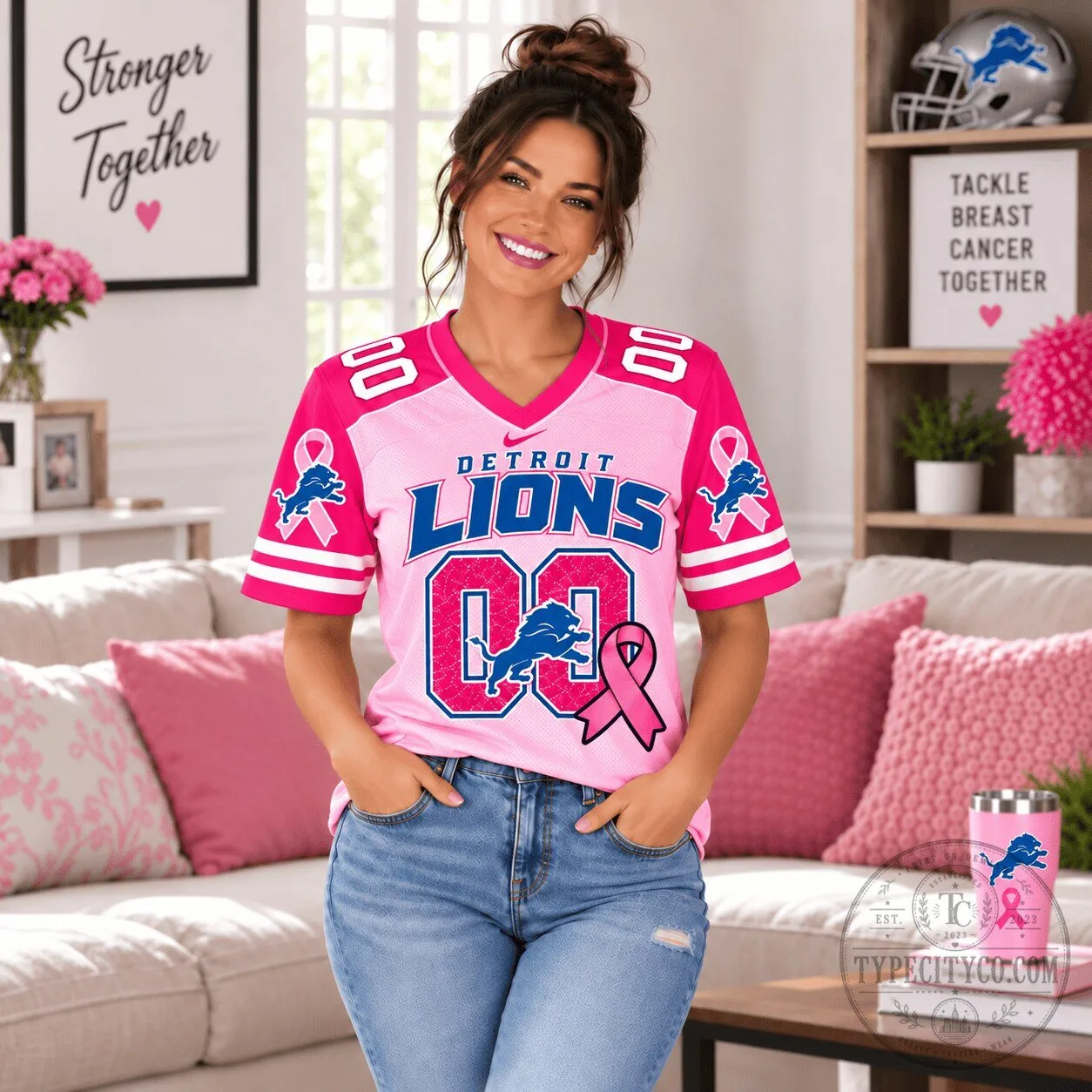 Detroit Lions Tackle Breast Cancer Together Pink Football Jersey 2 Detroit Lions Tackle Breast Cancer Together Pink Football Jersey