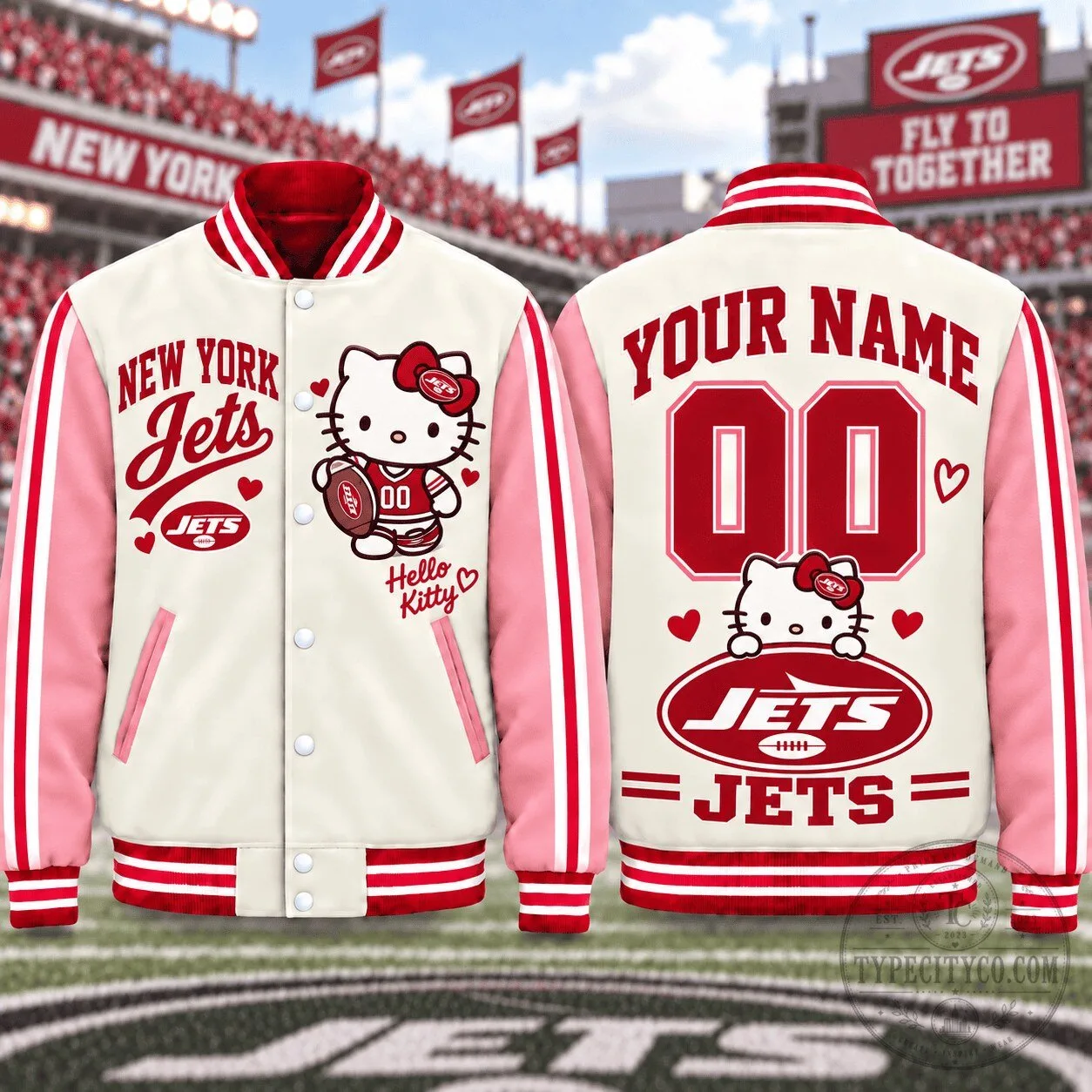 New York Jets Hello Kitty Personalized Name and Number Varsity Jacket