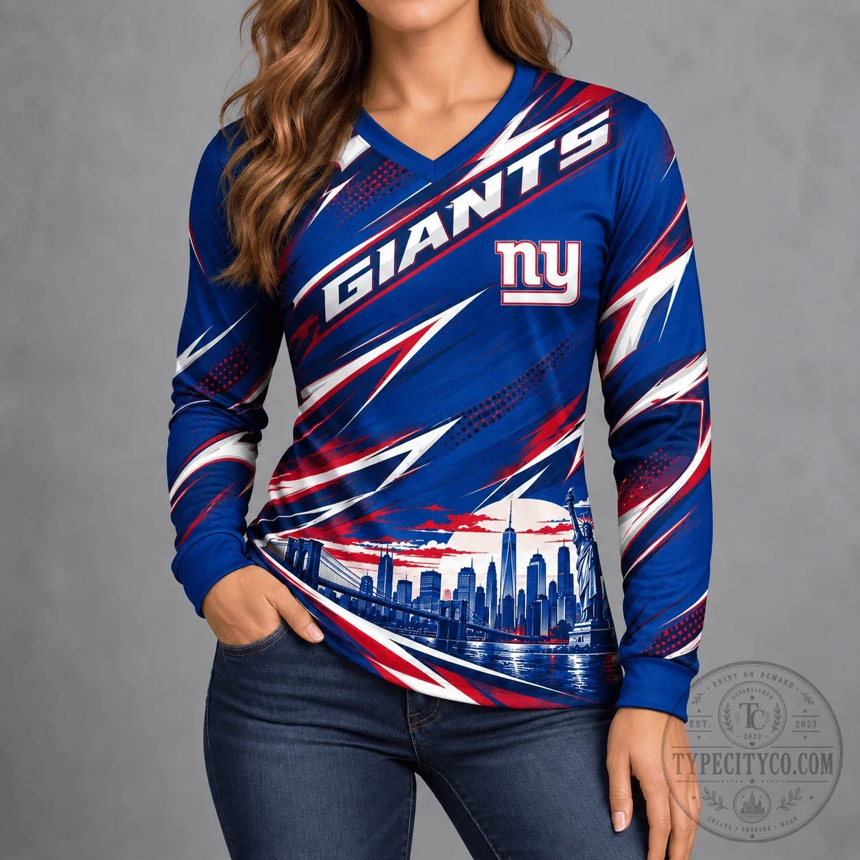 New York Giants NFL City Horizon Long-Sleeve V-Neck Shirt for Women