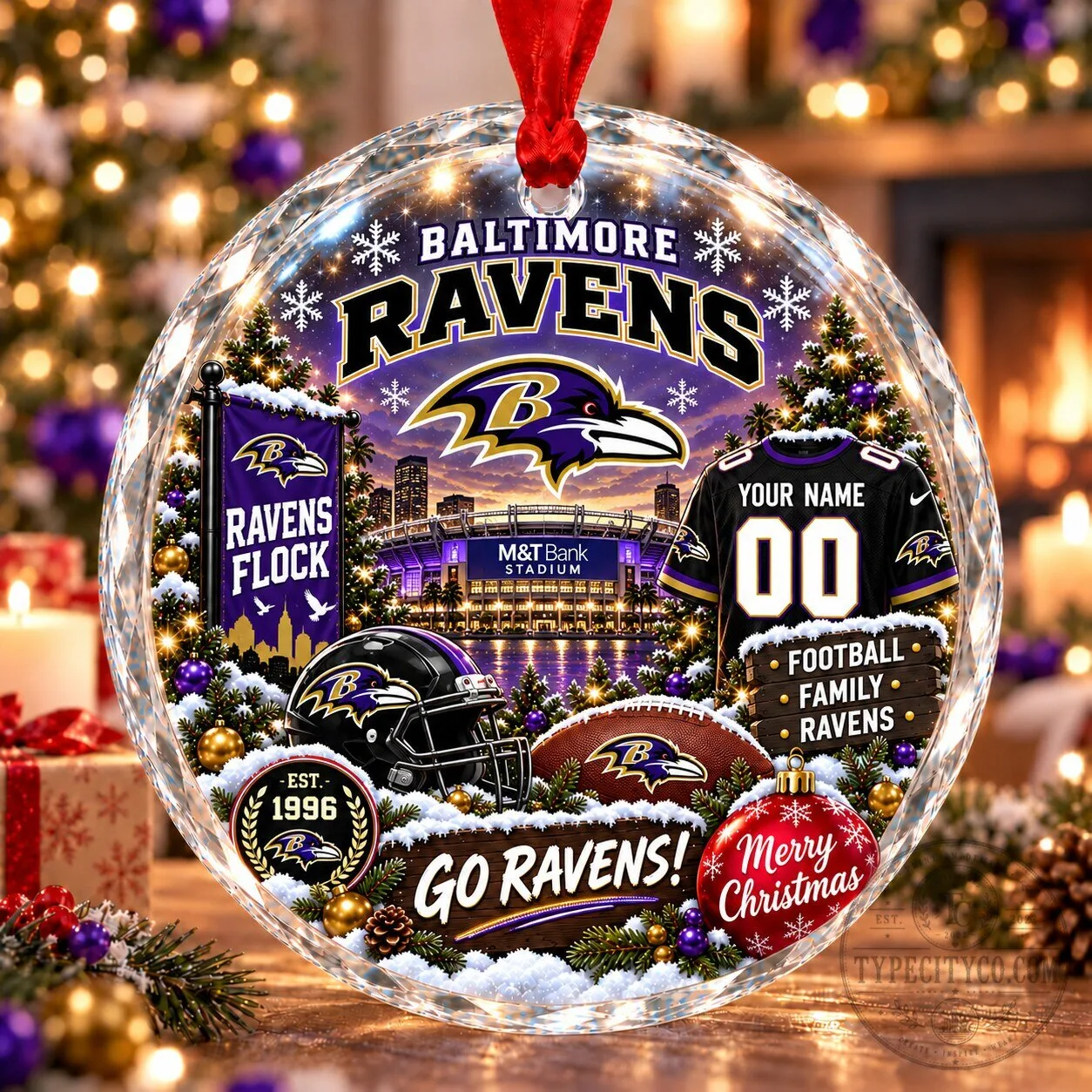 Baltimore Ravens Christmas Stadium Snow Vibe Glass Ornament