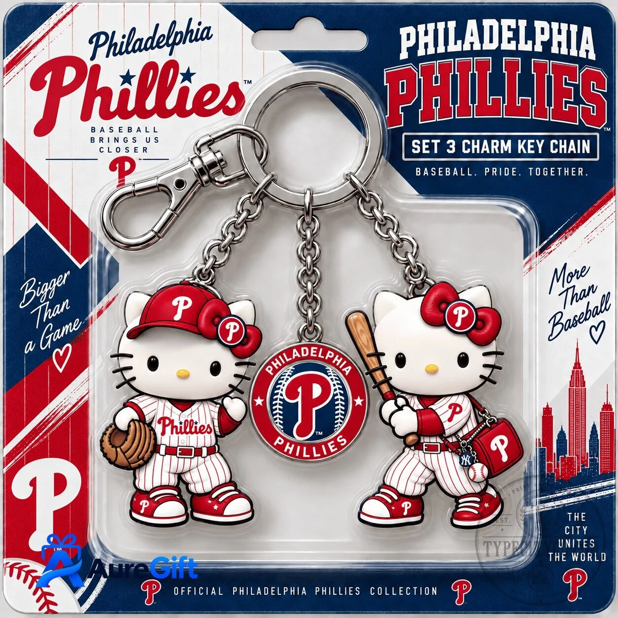 Philadelphia Phillies Hello Kitty Baseball Team Charm Keychain Set