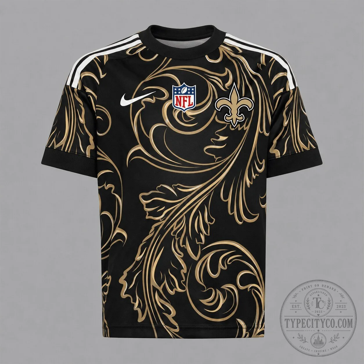 New Orleans Saints NFL Black Gold Baroque Pattern Short Sleeve Jersey