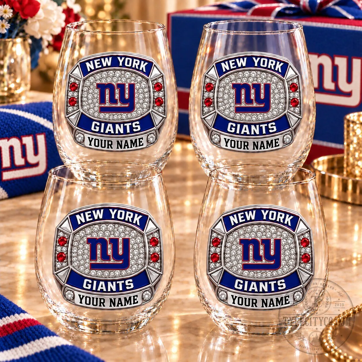 New York Giants Personalized Stemless Wine Glass Set of Four Custom Name Gift