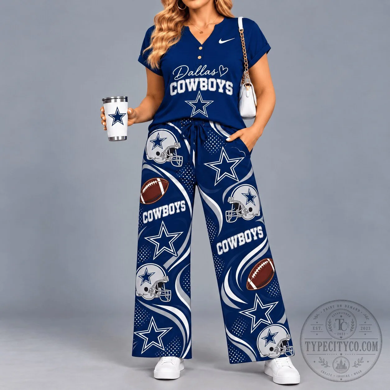 Dallas Cowboys Football Team Game Day V-Neck Top and Wide Leg Pants Set