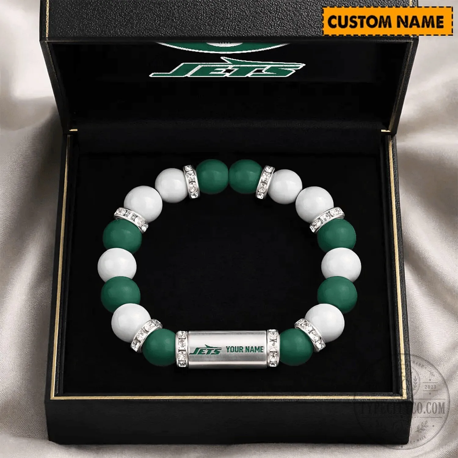 New York Jets Custom Name Beaded Bracelet with Charm for Football Fans