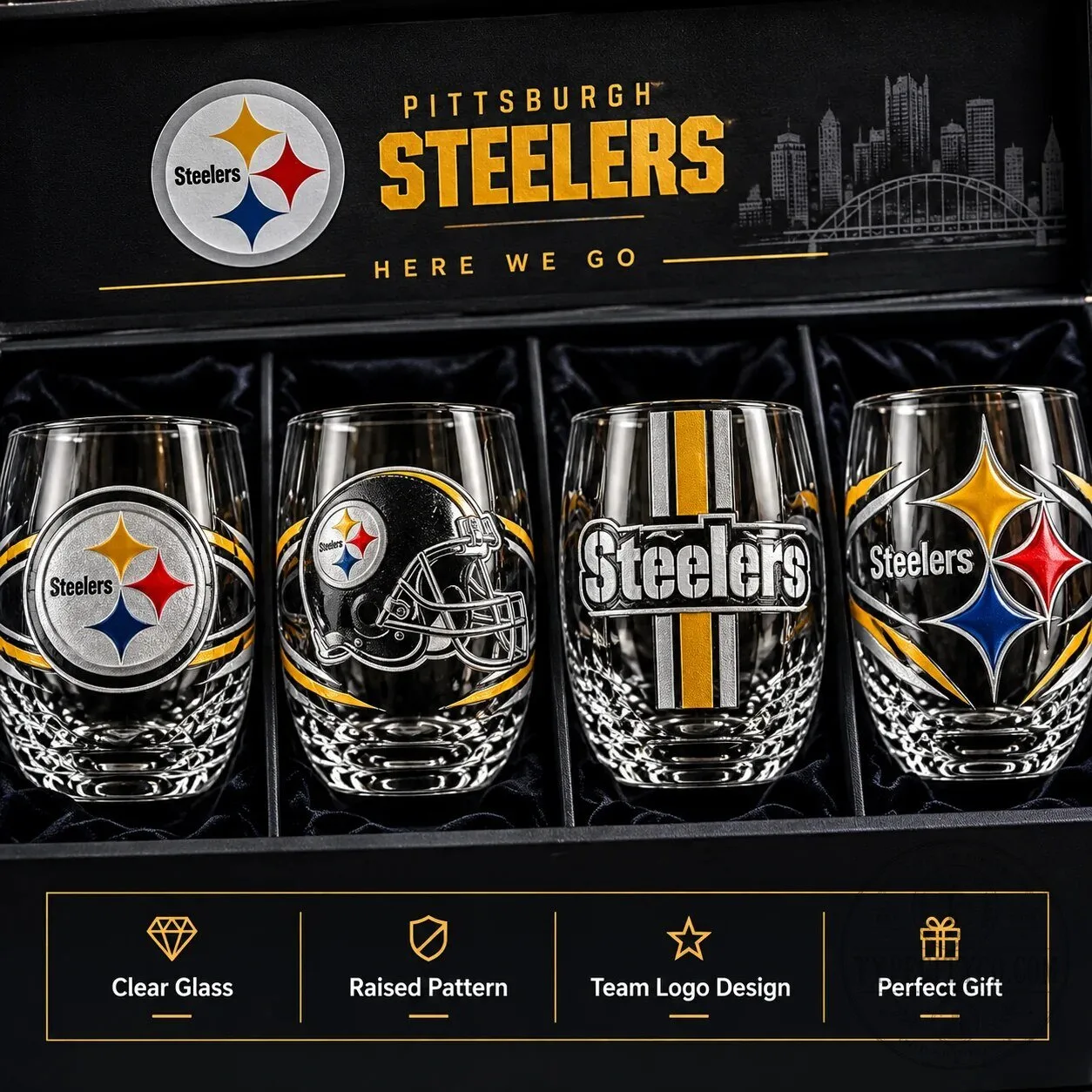 Pittsburgh Steelers NFL Football Team Logo Stemless Drinking Glasses Set