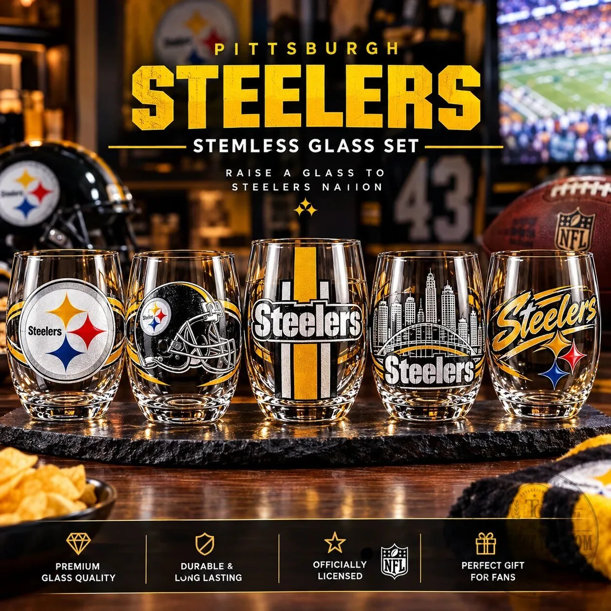 Pittsburgh Steelers NFL Football Team Logo Stemless Drinking Glasses Set 11 Pittsburgh Steelers NFL Football Team Logo Stemless Drinking Glasses Set