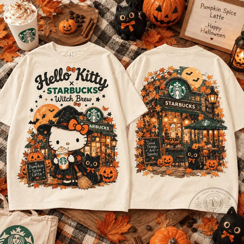 Hello Kitty Starbucks Witch Brew Halloween Pumpkin Spice Latte T-Shirt Hello Kitty Starbucks Witch Brew Halloween Pumpkin Spice Latte T-Shirt