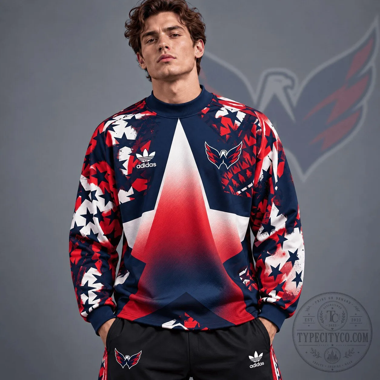 Washington Capitals NHL Retro Starburst All Over Print Crewneck Sweatshirt