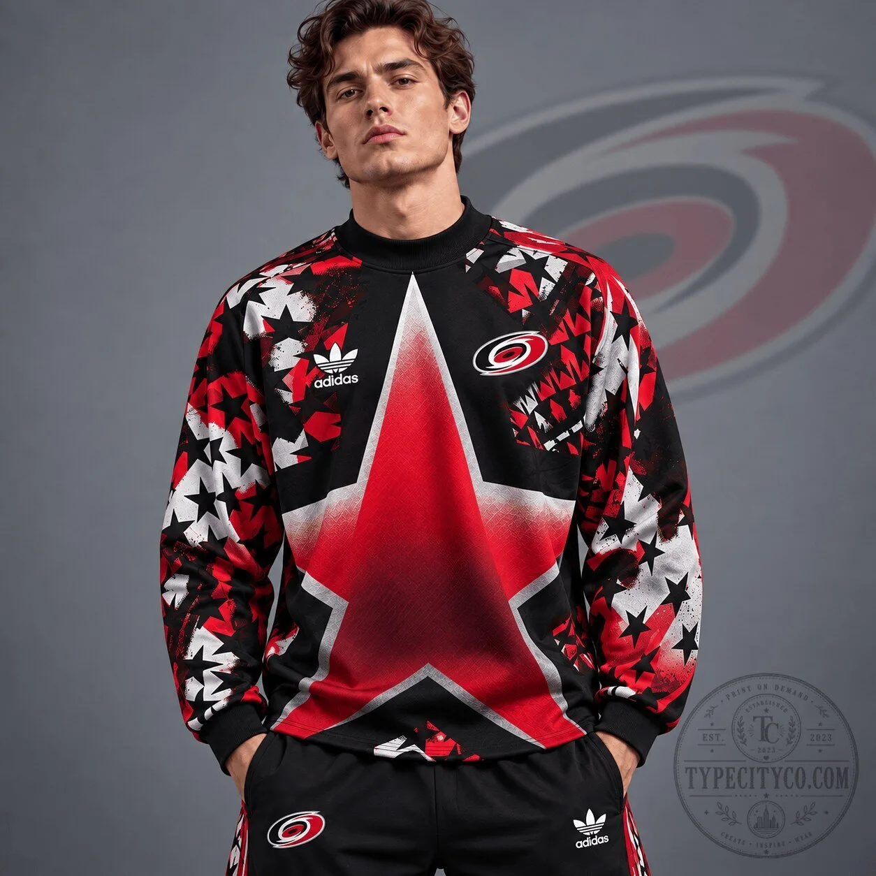 Carolina Hurricanes NHL Retro Starburst All Over Print Crewneck Sweatshirt