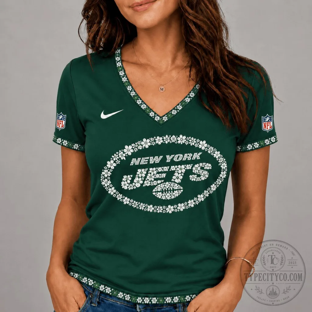 New York Jets Floral Logo V-Neck T-Shirt for Women 31 New York Jets Floral Logo V-Neck T-Shirt for Women