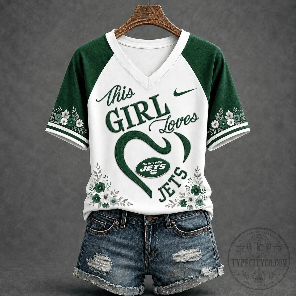 New York Jets This Girl Loves Football Floral V-Neck T-Shirt