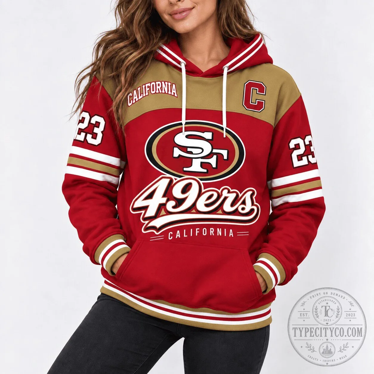 San Francisco 49ers NFL Team Heritage Patchwork Red Gold Pullover Hoodie 5 San Francisco 49ers NFL Team Heritage Patchwork Red Gold Pullover Hoodie