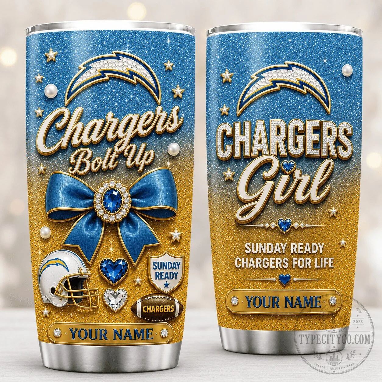 Los Angeles Chargers Football Team Gold Glitter Personalized Tumbler