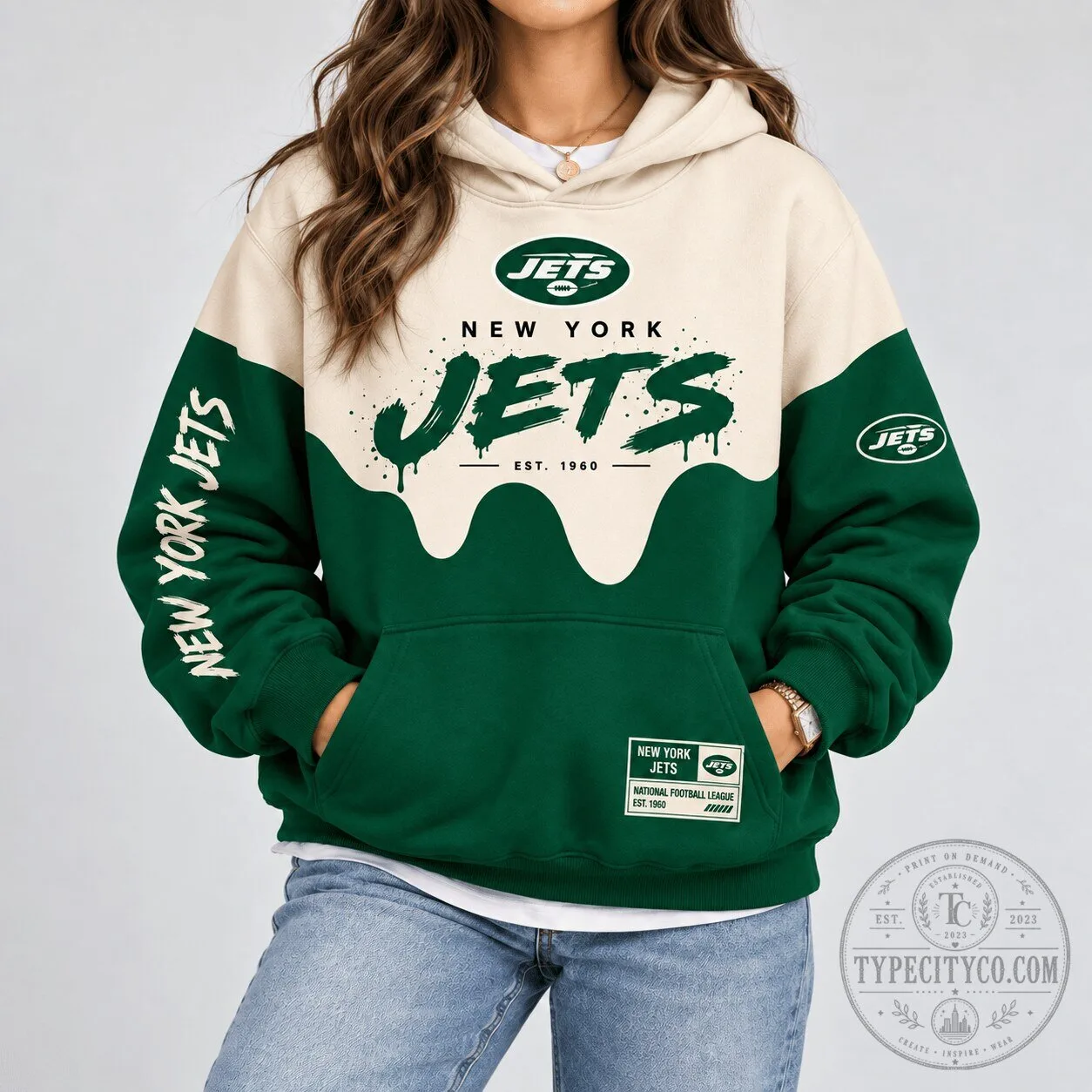 New York Jets National Football League Paint Splatter Cream and Green Hoodie
