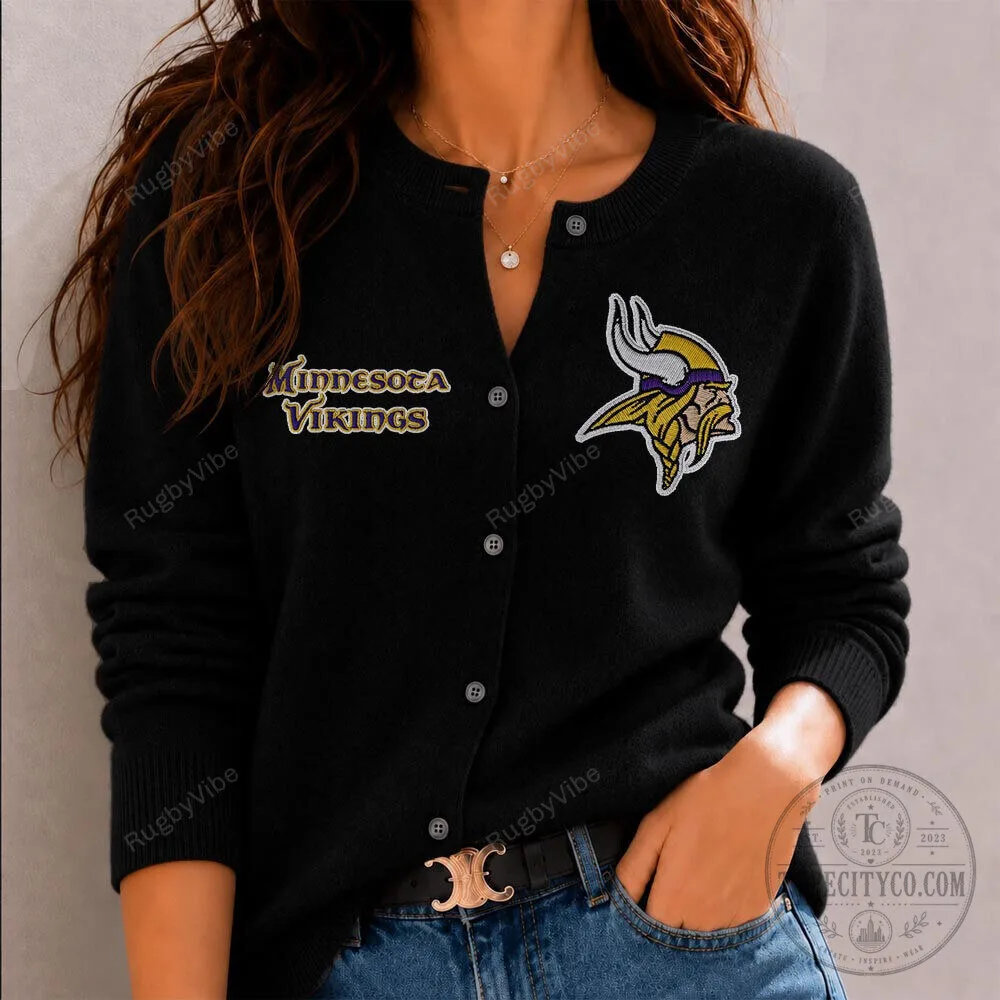 Minnesota Vikings NFL Football Team Logo Embroidered Black Cardigan Sweater