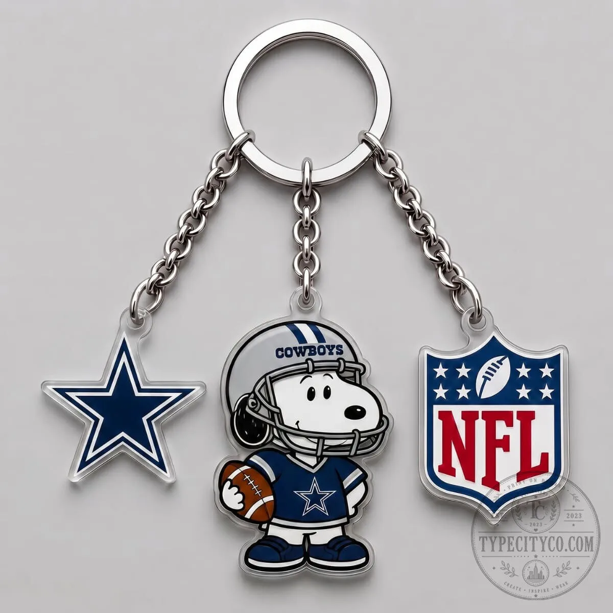 Dallas Cowboys Snoopy Football Player National Football League Triple Charm Keychain