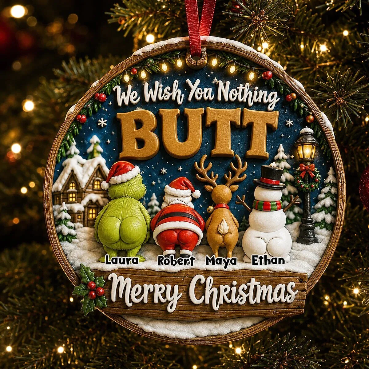 Personalized Funny Christmas We Wish You Nothing Butt Family Ornament