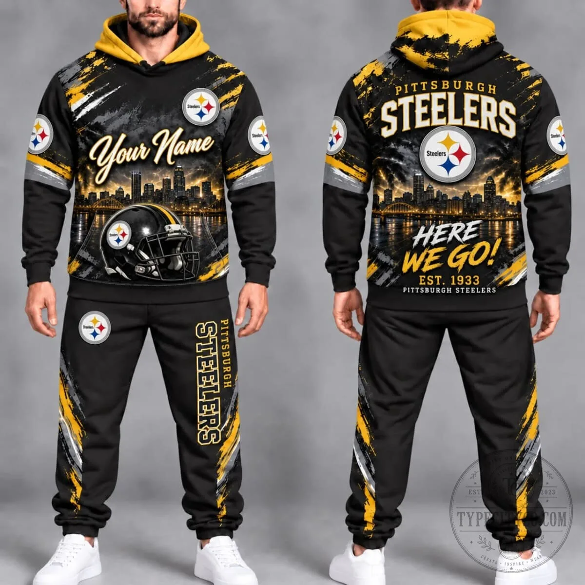 Pittsburgh Football Steelers Personalized Dark Grunge Skyline Hoodie and Jogger Set