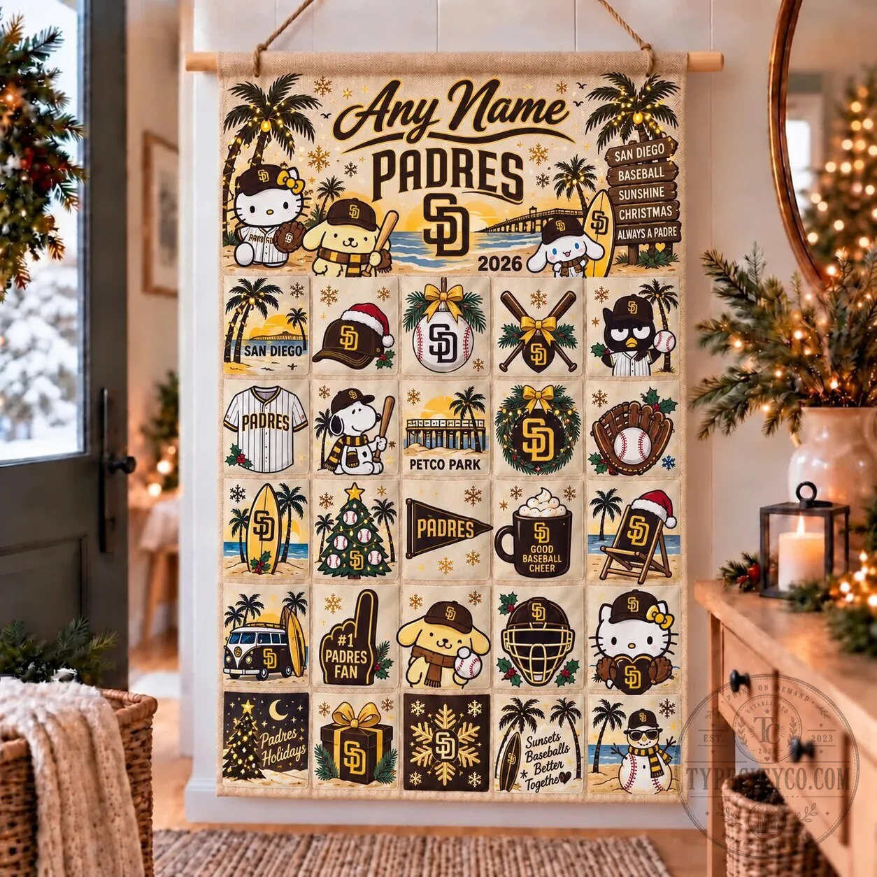 San Diego Padres Hello Kitty Cinnamoroll Baseball Christmas Advent Calendar Wall Hanging