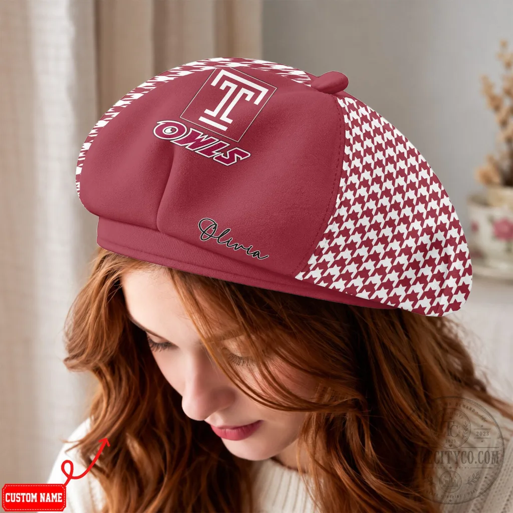 Temple Owls NCAA Personalized Custom Name Houndstooth Pattern Beret Cap Hat Temple Owls NCAA Personalized Custom Name Houndstooth Pattern Beret Cap Hat