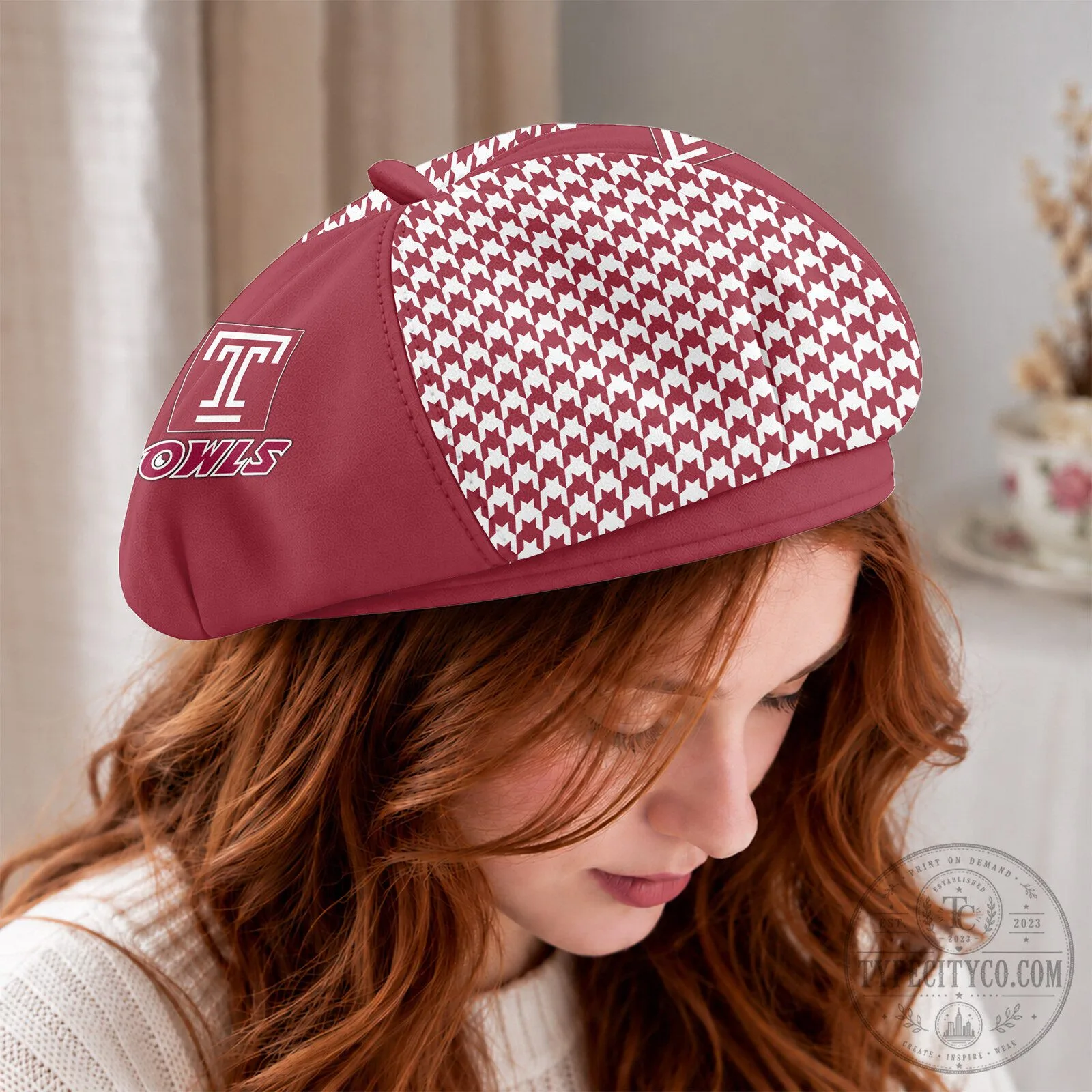 Temple Owls NCAA Personalized Custom Name Houndstooth Pattern Beret Cap Hat 9 Temple Owls NCAA Personalized Custom Name Houndstooth Pattern Beret Cap Hat