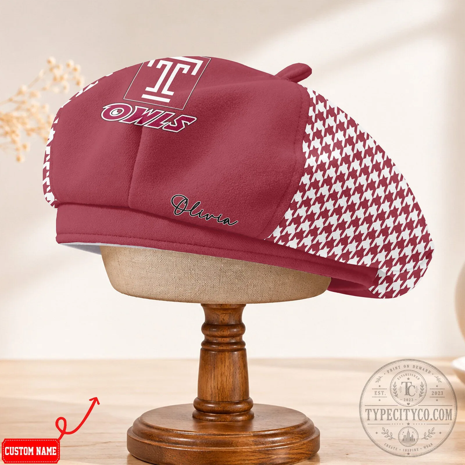 Temple Owls NCAA Personalized Custom Name Houndstooth Pattern Beret Cap Hat 11 Temple Owls NCAA Personalized Custom Name Houndstooth Pattern Beret Cap Hat