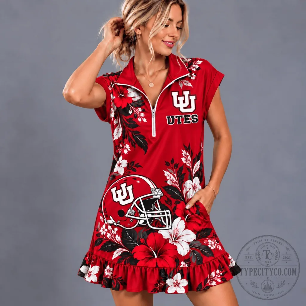 Utah Utes Floral Quarter-Zip Ruffle Dress for Women Utah Utes Floral Quarter-Zip Ruffle Dress for Women