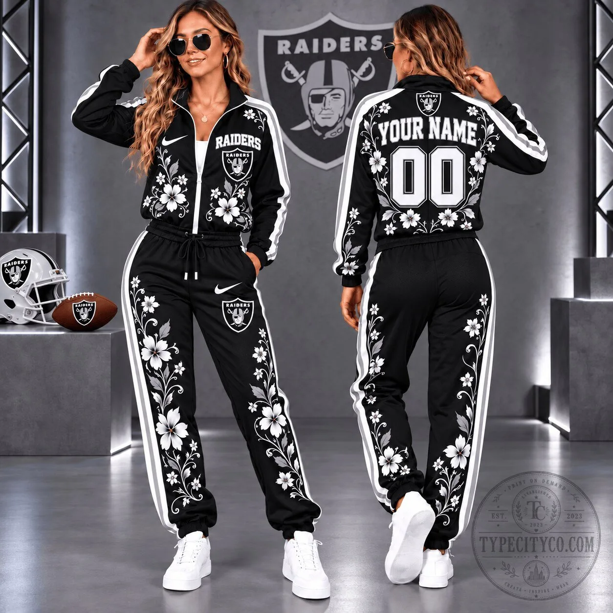 Las Vegas Raiders Floral Custom Name And Number Tracksuit Jacket And Pants Set