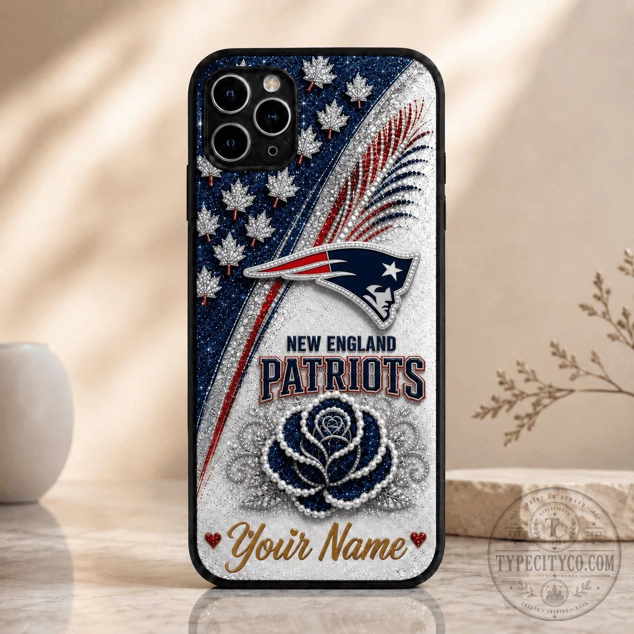 New England Patriots Personalized Glitter Rose Phone Case