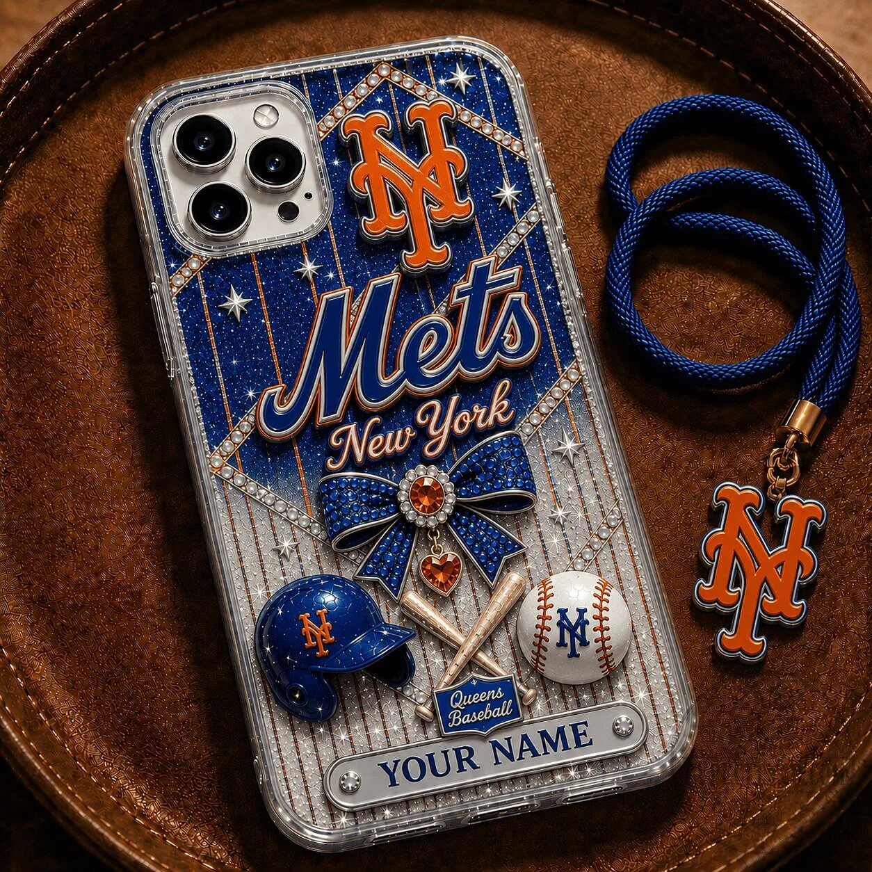 New York Mets Baseball Team Bling Phone Case with Custom Name Option