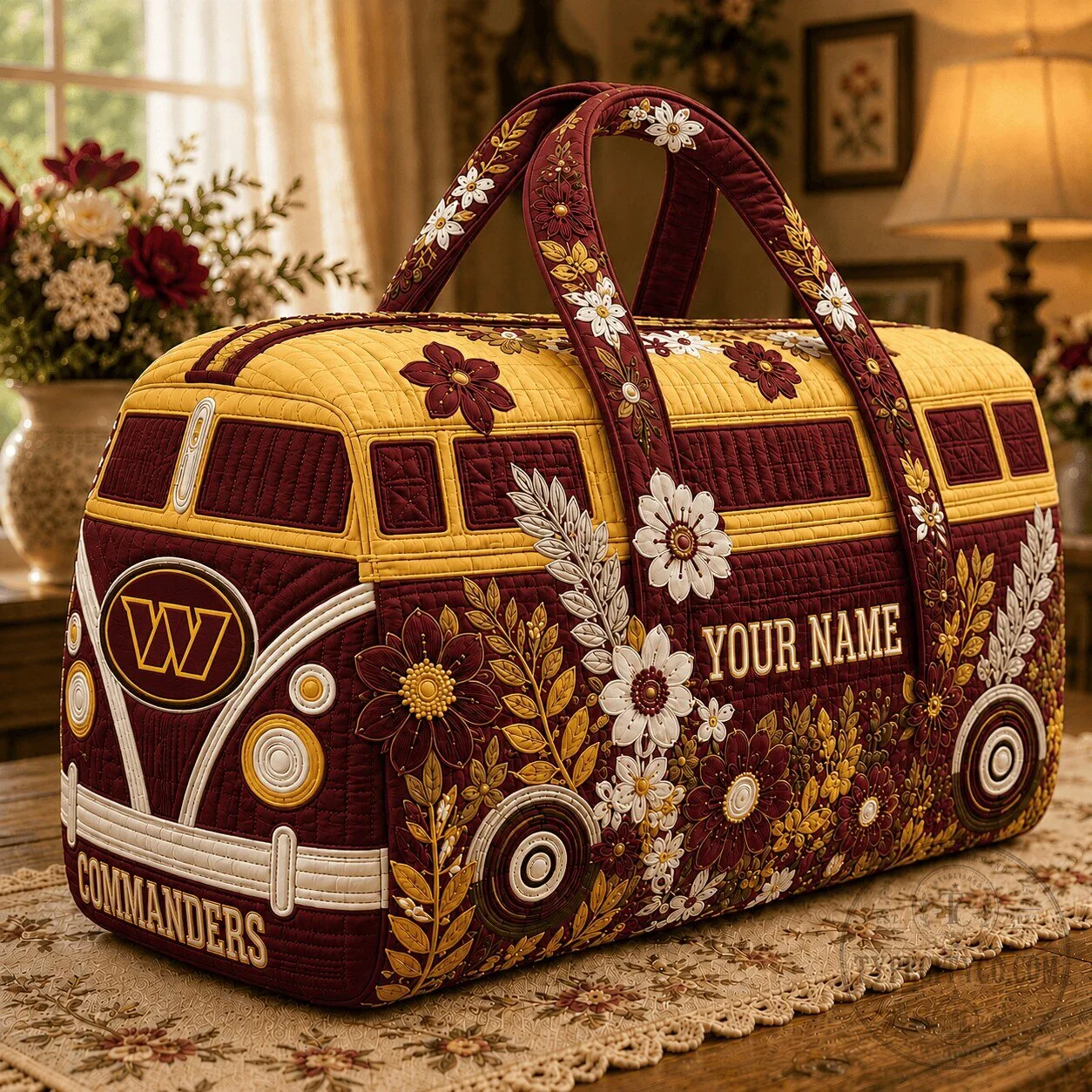 Washington Commanders Personalized Floral Volkswagen Bus Quilted Duffle Bag