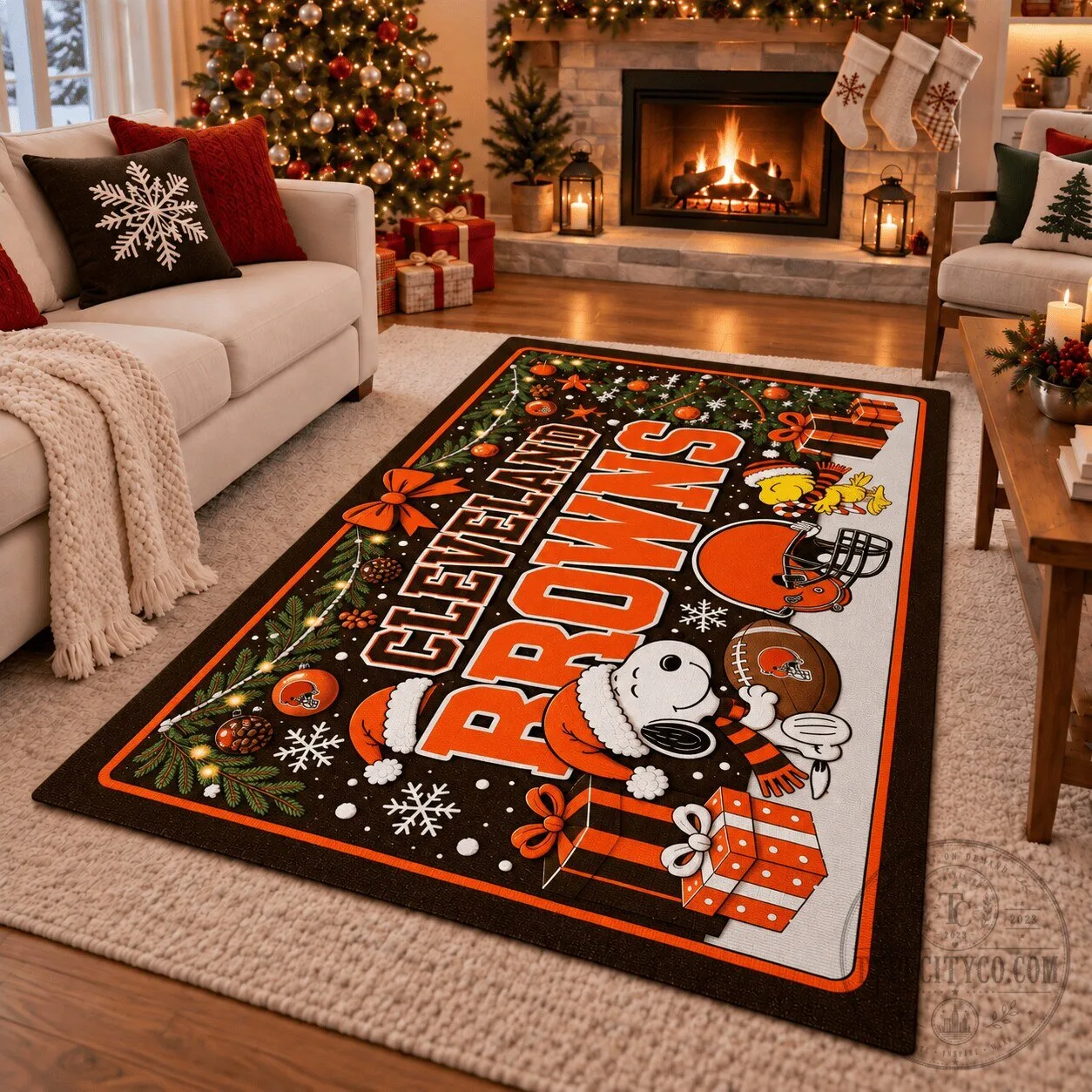 Cleveland Browns Snoopy and Woodstock Christmas Holiday Area Rug