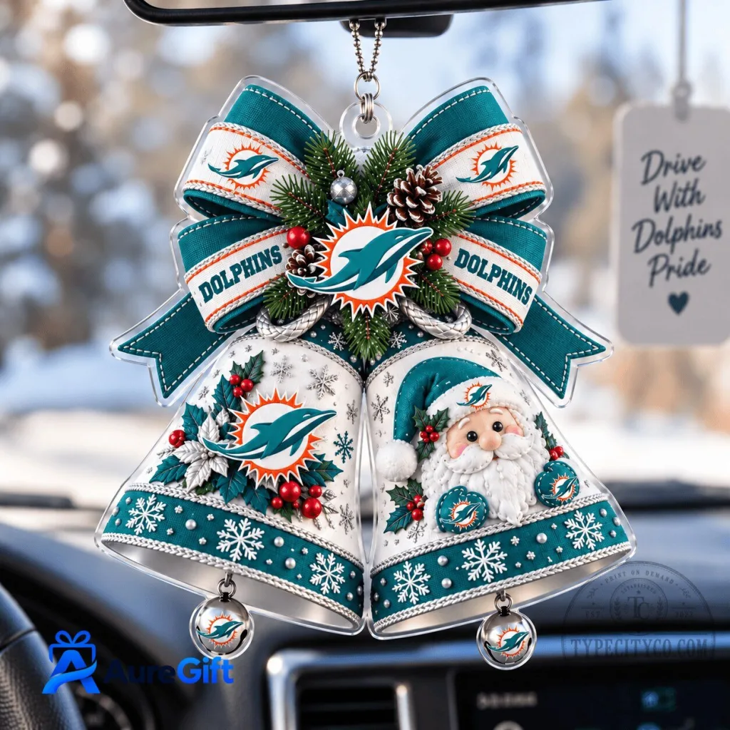 Miami Dolphins NFL Christmas Bells Car Hanging Ornament Miami Dolphins NFL Christmas Bells Car Hanging Ornament