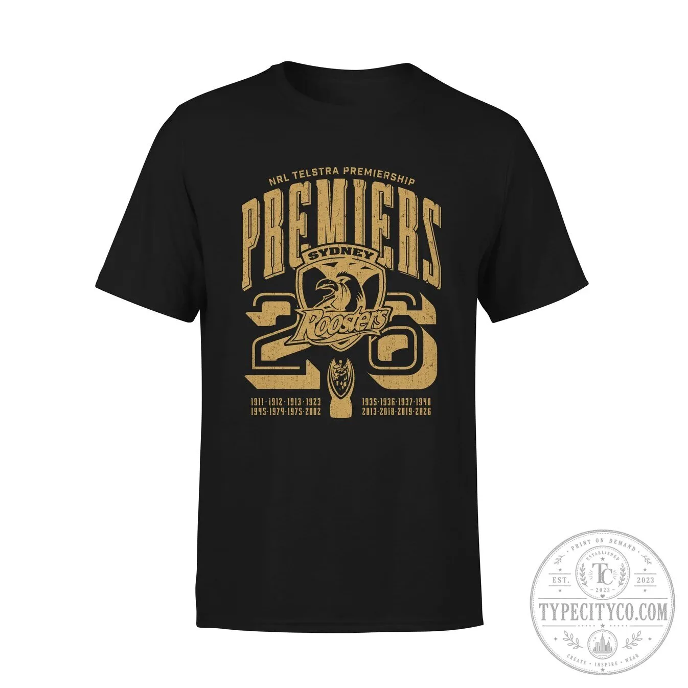 Sydney Roosters NRL Telstra Premiership Premiers 2026 Black T-Shirt 2 Sydney Roosters NRL Telstra Premiership Premiers 2026 Black T-Shirt