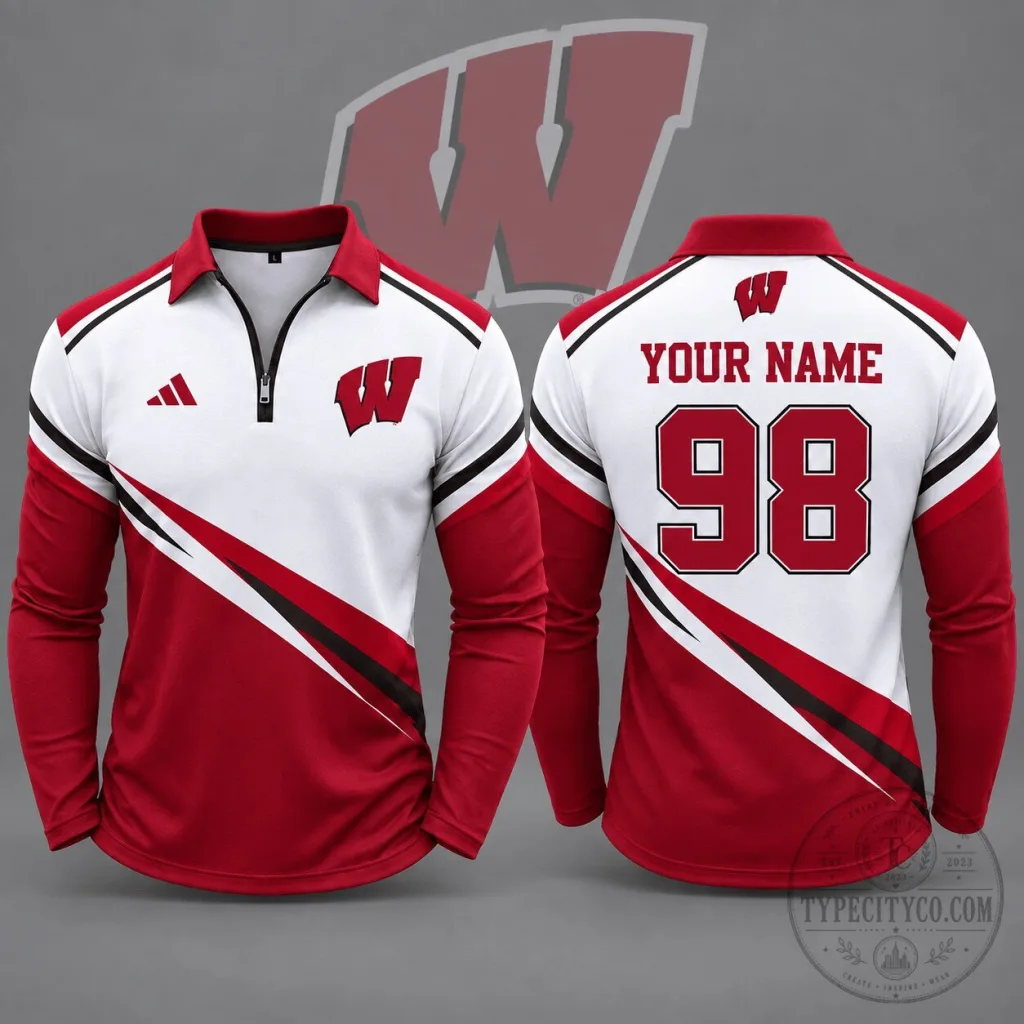 Wisconsin Badgers Personalized Red and White Quarter Zip Long Sleeve Polo Shirt Wisconsin Badgers Personalized Red and White Quarter Zip Long Sleeve Polo Shirt