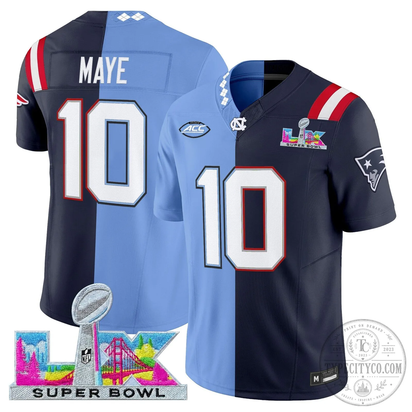 Drake Maye Split Carolina Tar Heels New England Patriots Football Jersey