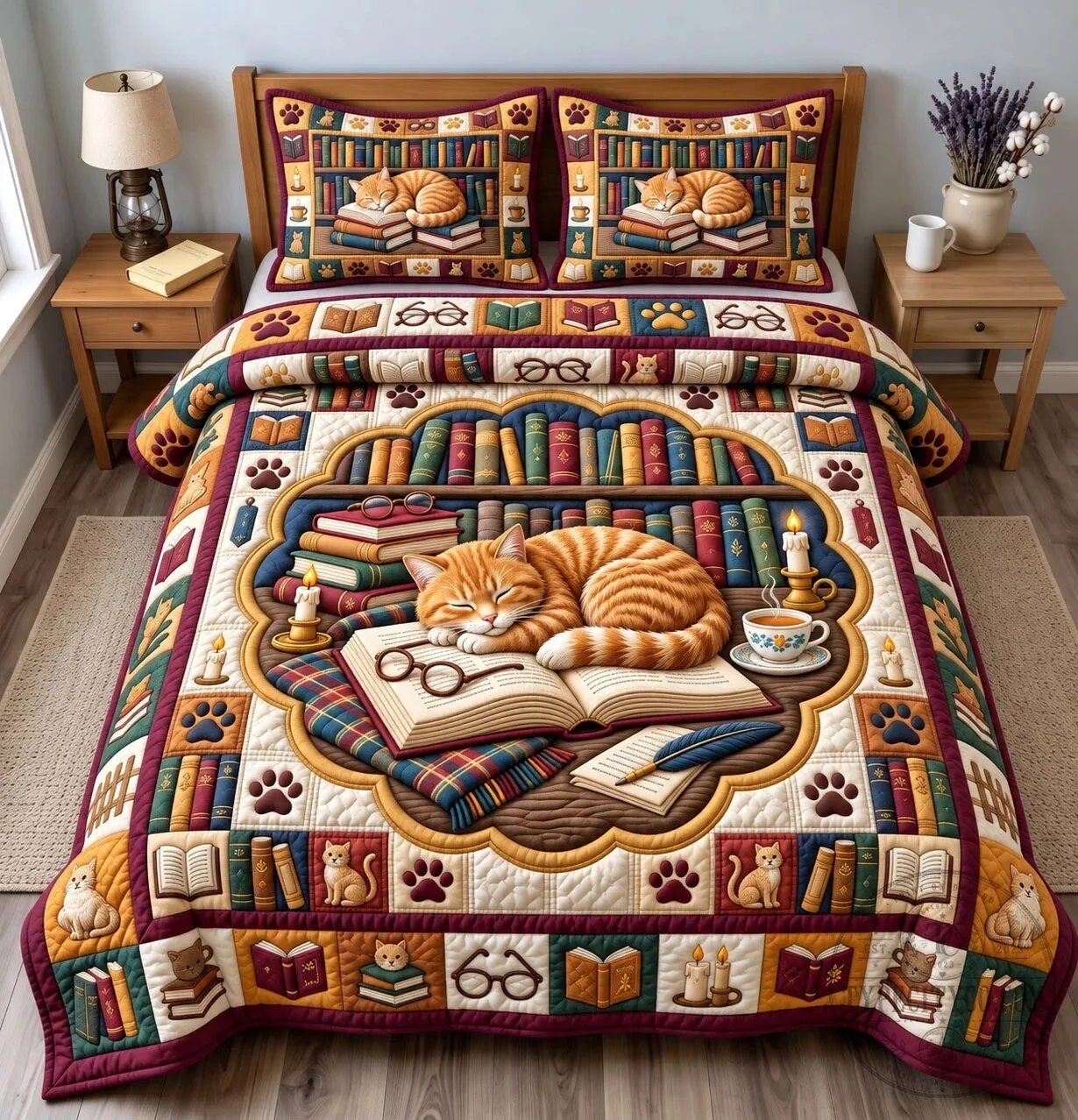 Bookish Cat Sleeping on Bookshelf Quilted Bedding Set 5 Bookish Cat Sleeping on Bookshelf Quilted Bedding Set