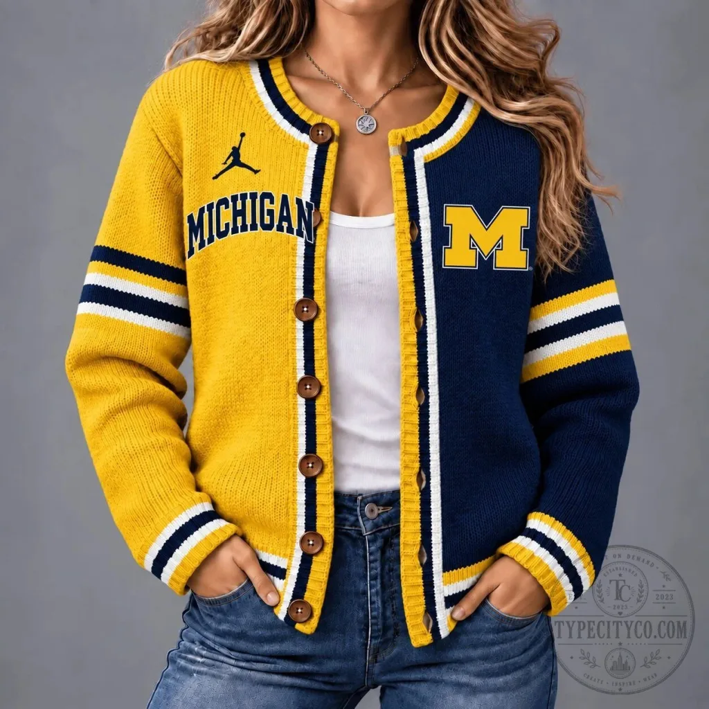 Michigan Wolverines NCAA Split Color Block Button Down Cardigan Sweater Michigan Wolverines NCAA Split Color Block Button Down Cardigan Sweater