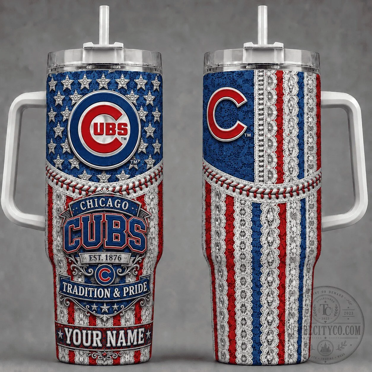 Chicago Cubs Baseball Team Personalized Stainless Steel Tumbler with Handle