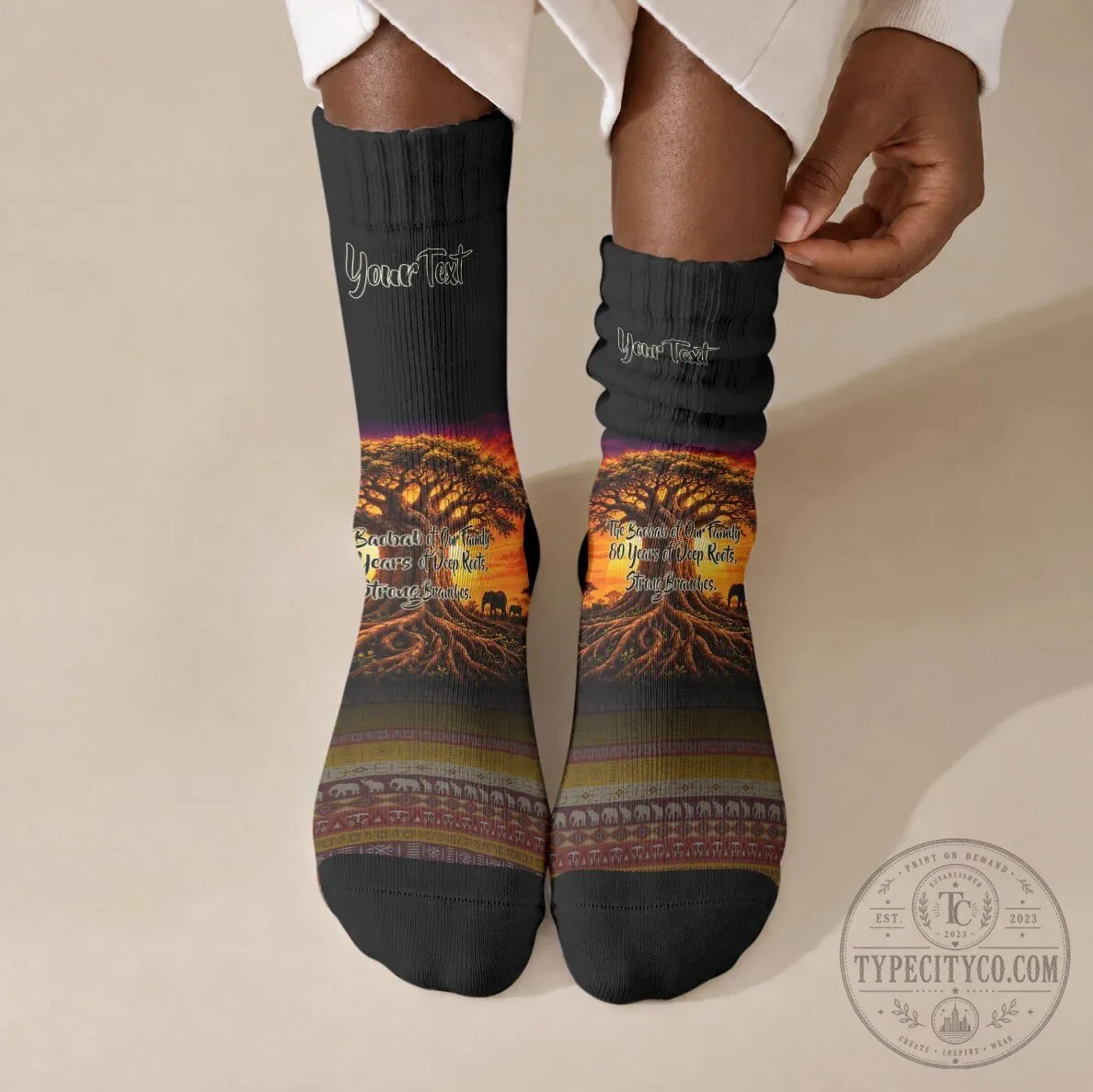 Personalized 80th Birthday Baobab Tree African Sunset Savanna Crew Socks