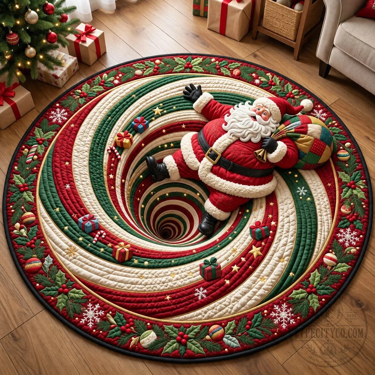 Christmas Santa Claus Spiral Illusion Round Quilted Floor Mat