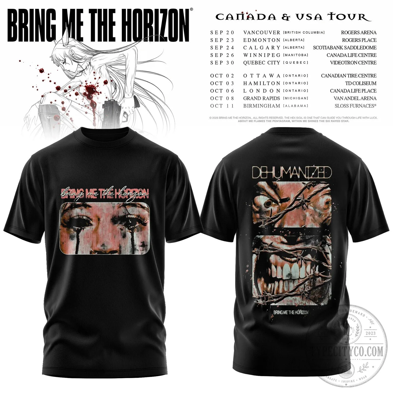 Bring Me The Horizon Canada and USA Tour 2023 Dehumanized Concert T-Shirt